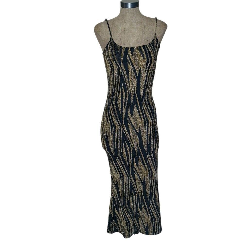 O.P.T. Anthropologie Dress Maxi Women's Sz L Metallic Gold Black Slip Bodycon